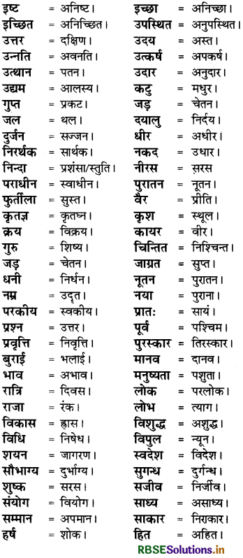 RBSE Class 8 Hindi Vyakaran विलोम शब्द 2