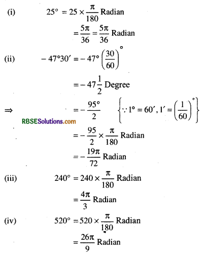 RBSE Solutions for Class 11 Maths Chapter 3 Trigonometric Functions Ex 3.1 1